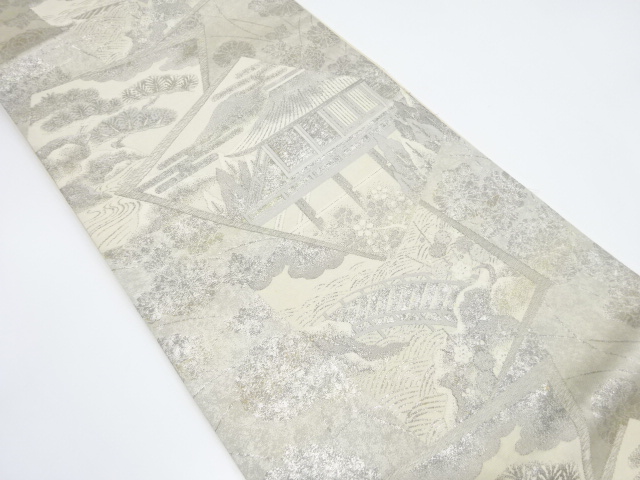 引き箔色紙重ねに寺院風景模様織り出し袋帯(未仕立て)